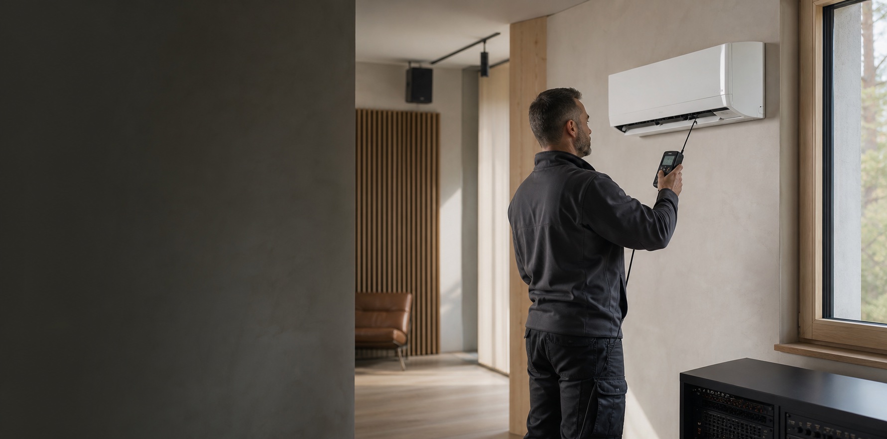 Engineer checking a wall-mounted air-conditioning unit in a finished room.